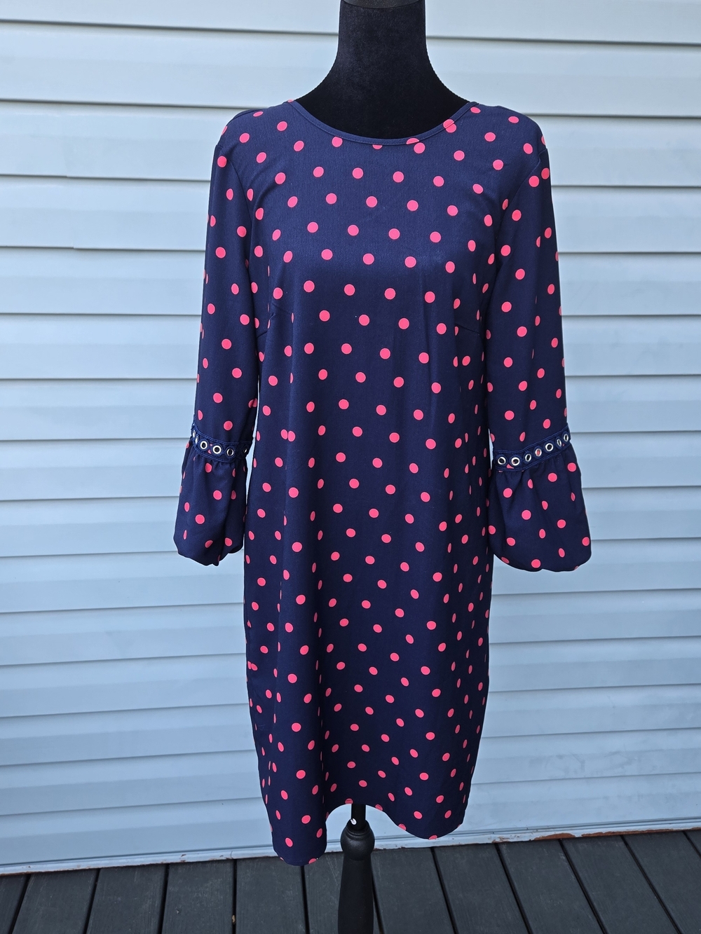Spense Navy Dress with Pink Polka Dots and Bell Sleeves